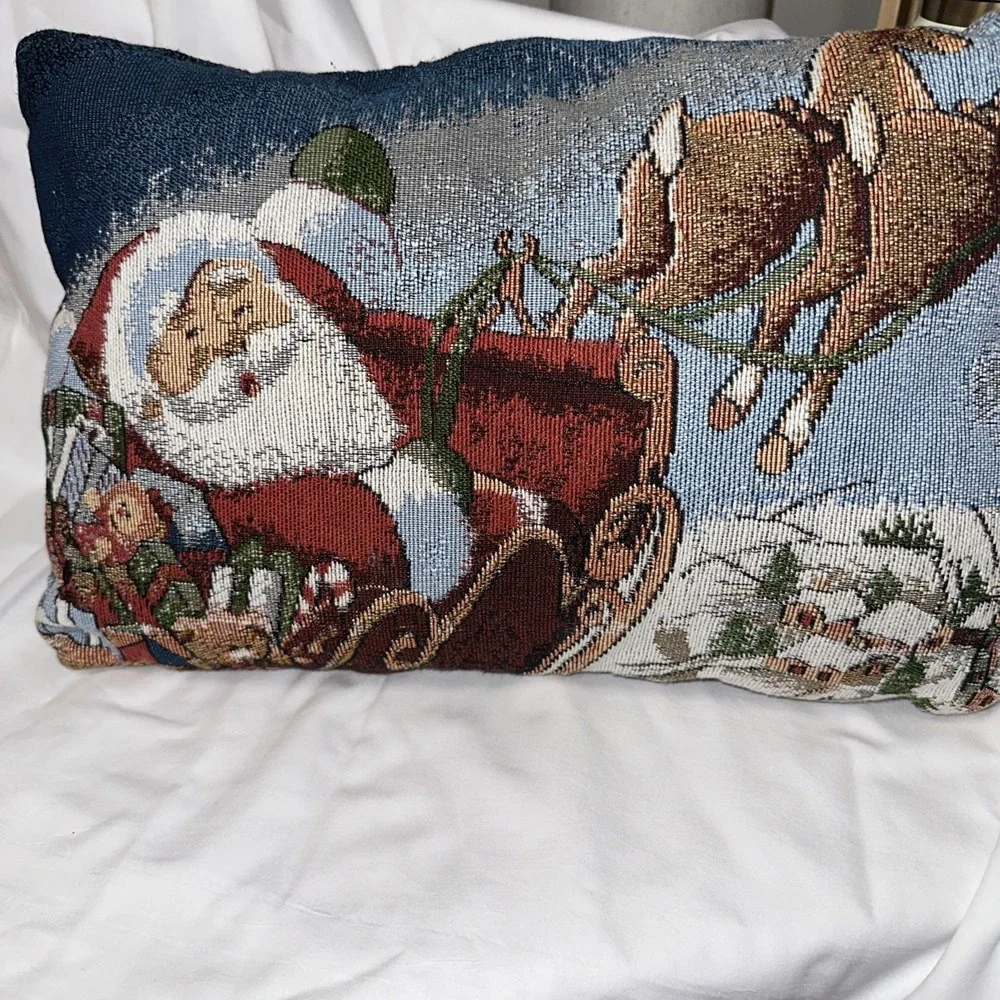 Santa Claus Flying in‎ Sleigh with Reindeer Tapestry Christmas Pillow